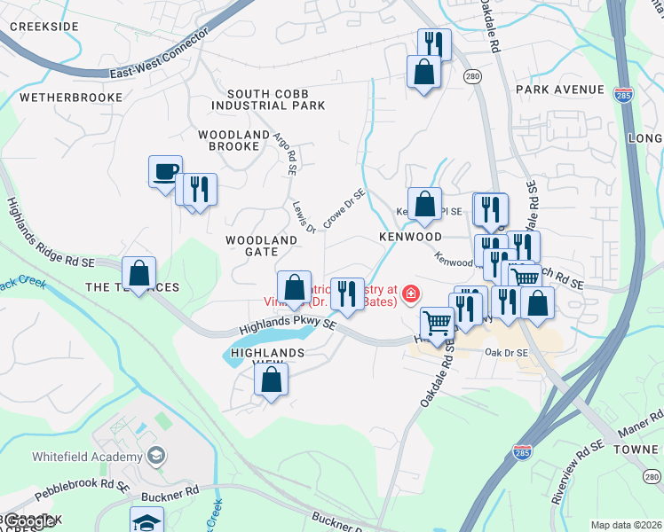 map of restaurants, bars, coffee shops, grocery stores, and more near 5010 Heather Road Southeast in Smyrna