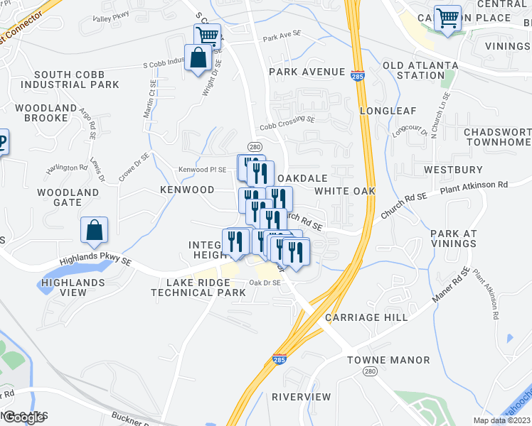 map of restaurants, bars, coffee shops, grocery stores, and more near 4999 South Cobb Drive Southeast in Smyrna