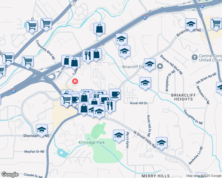 map of restaurants, bars, coffee shops, grocery stores, and more near 7000 Briarcliff Gables Circle Northeast in Atlanta