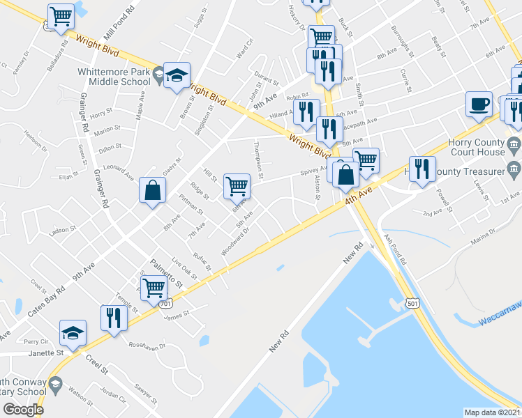 map of restaurants, bars, coffee shops, grocery stores, and more near 1906 Woodward Drive in Conway