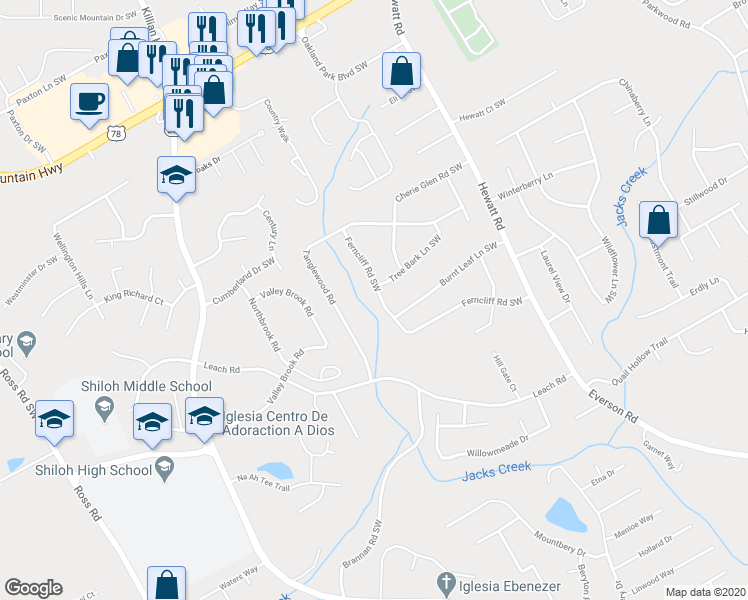 map of restaurants, bars, coffee shops, grocery stores, and more near 3876 Ferncliff Road Southwest in Snellville