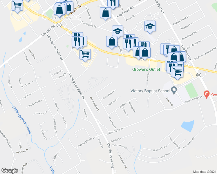 map of restaurants, bars, coffee shops, grocery stores, and more near 1248 Saint James Place in Loganville