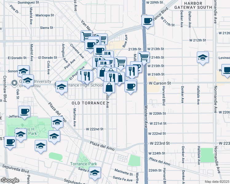 map of restaurants, bars, coffee shops, grocery stores, and more near 1733 Border Avenue in Torrance