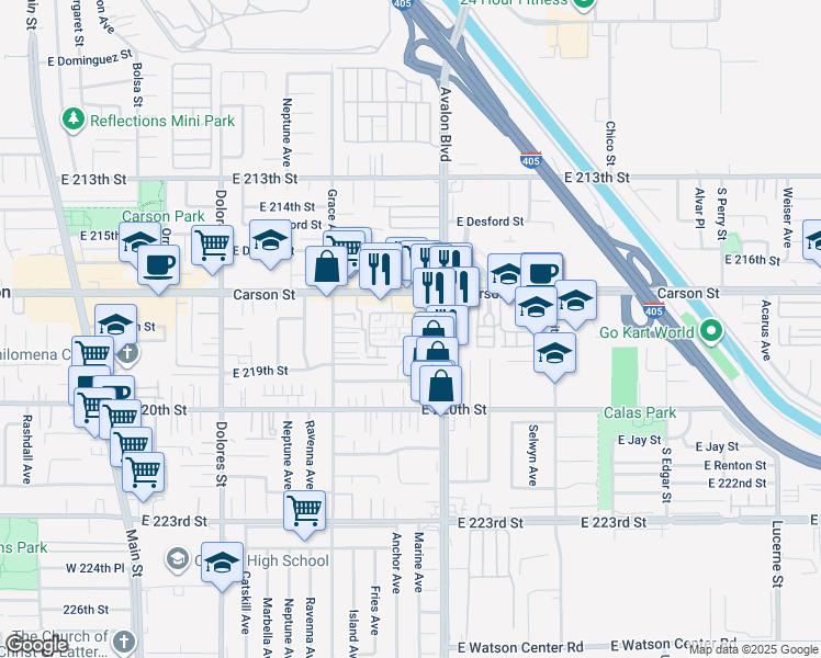 map of restaurants, bars, coffee shops, grocery stores, and more near 644 Colorado Circle in Carson