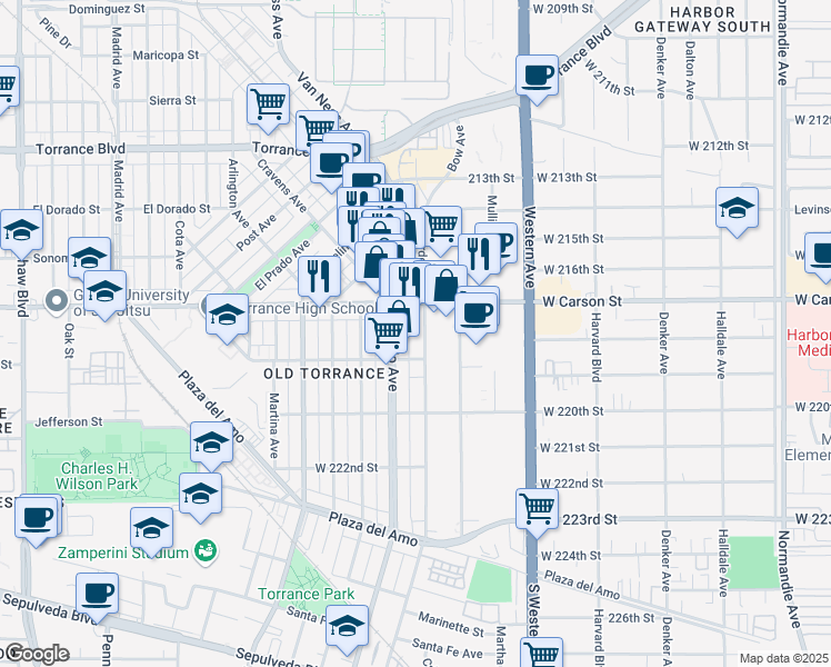 map of restaurants, bars, coffee shops, grocery stores, and more near 1733 Border Avenue in Torrance
