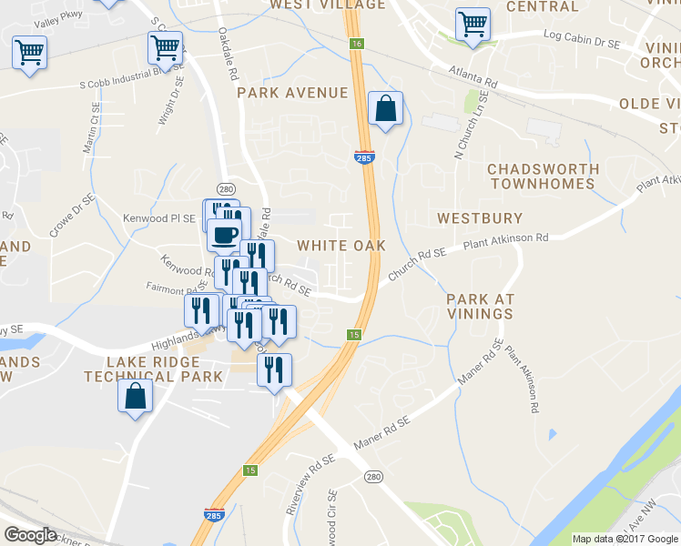 map of restaurants, bars, coffee shops, grocery stores, and more near 5132 Whiteoak Terrace Southeast in Smyrna