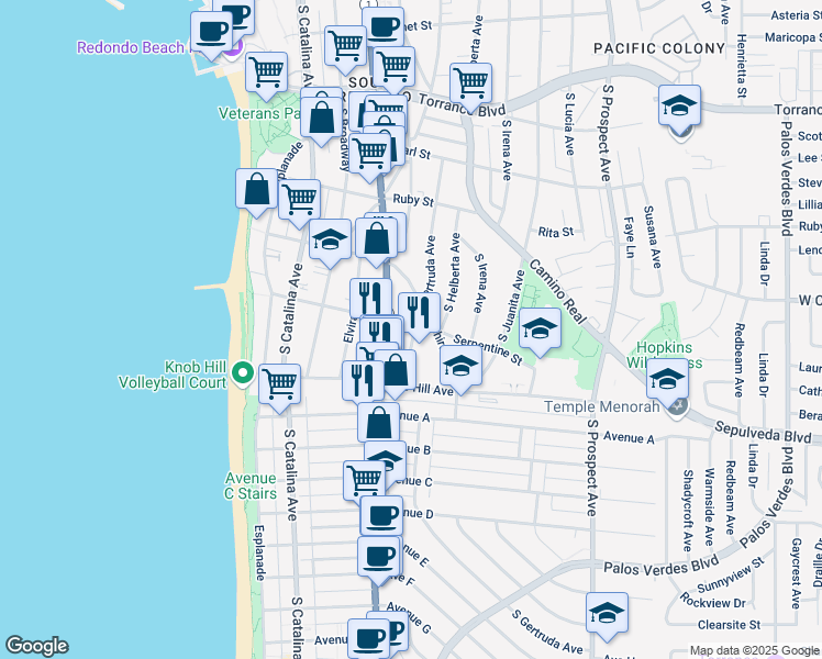 map of restaurants, bars, coffee shops, grocery stores, and more near 624 South Pacific Coast Highway in Redondo Beach