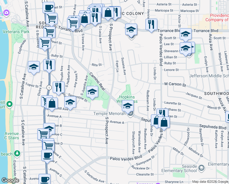 map of restaurants, bars, coffee shops, grocery stores, and more near 1110 Barbara Street in Redondo Beach