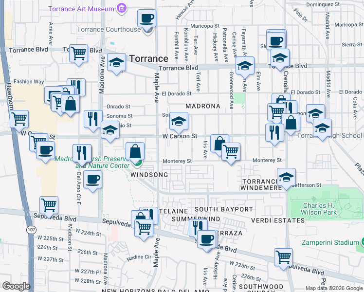 map of restaurants, bars, coffee shops, grocery stores, and more near 1724 Flower Avenue in Torrance