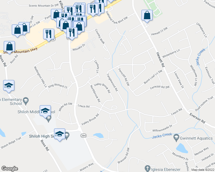 map of restaurants, bars, coffee shops, grocery stores, and more near 3898 Valley Brook Road in Snellville