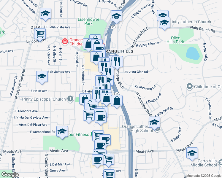 map of restaurants, bars, coffee shops, grocery stores, and more near 2535 North Tustin Street in Orange