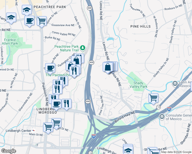 map of restaurants, bars, coffee shops, grocery stores, and more near 5230 Pine Heights Drive Northeast in Atlanta