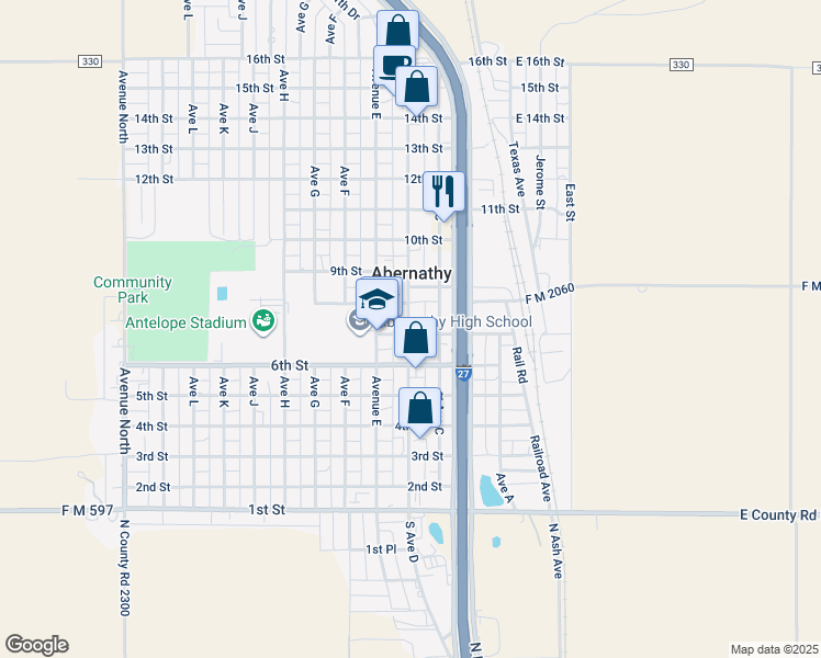 map of restaurants, bars, coffee shops, grocery stores, and more near 714 Ave D in Abernathy
