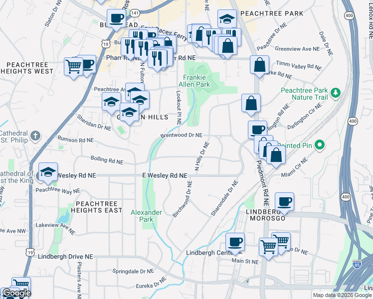map of restaurants, bars, coffee shops, grocery stores, and more near 433 Brentwood Drive Northeast in Atlanta