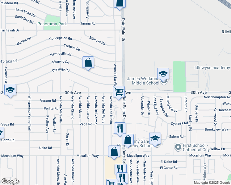 map of restaurants, bars, coffee shops, grocery stores, and more near 30th Avenue in Cathedral City