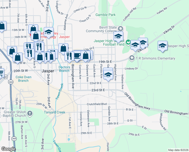 map of restaurants, bars, coffee shops, grocery stores, and more near 21st Street East in Jasper