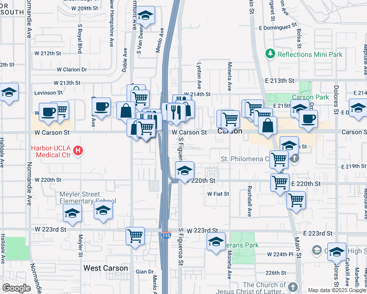 map of restaurants, bars, coffee shops, grocery stores, and more near 21740 South Figueroa Street in Carson