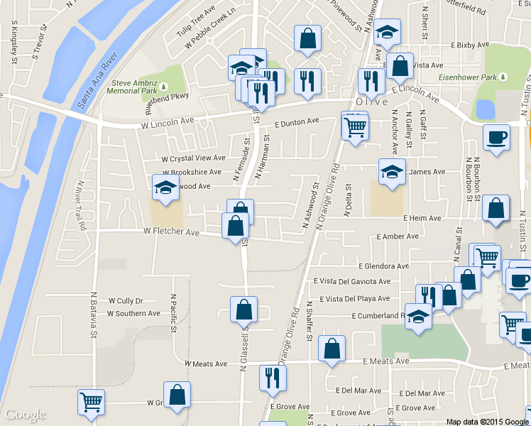 map of restaurants, bars, coffee shops, grocery stores, and more near 202 East Woodvale Avenue in Orange