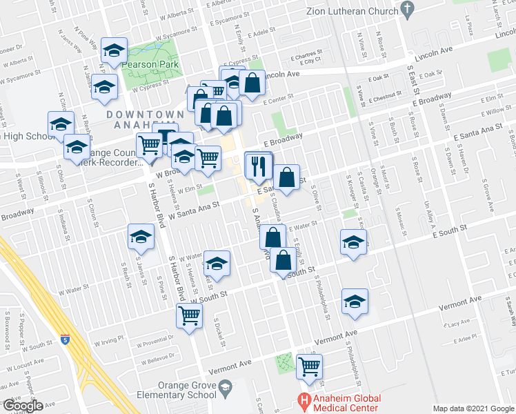 map of restaurants, bars, coffee shops, grocery stores, and more near 500 South Anaheim Boulevard in Anaheim