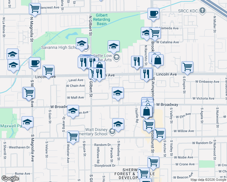 map of restaurants, bars, coffee shops, grocery stores, and more near 2350 West Canopy Lane in Anaheim