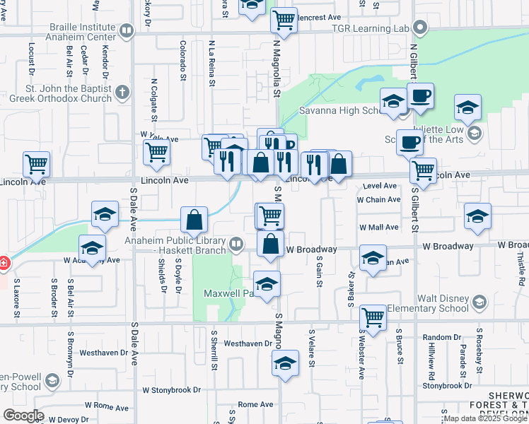 map of restaurants, bars, coffee shops, grocery stores, and more near 131 South Magnolia Avenue in Anaheim