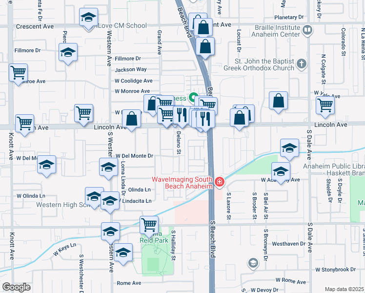 map of restaurants, bars, coffee shops, grocery stores, and more near 118 Delano Street in Anaheim