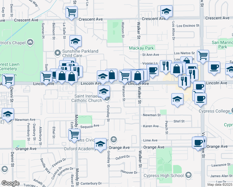 map of restaurants, bars, coffee shops, grocery stores, and more near 5341 Bishop Street in Cypress