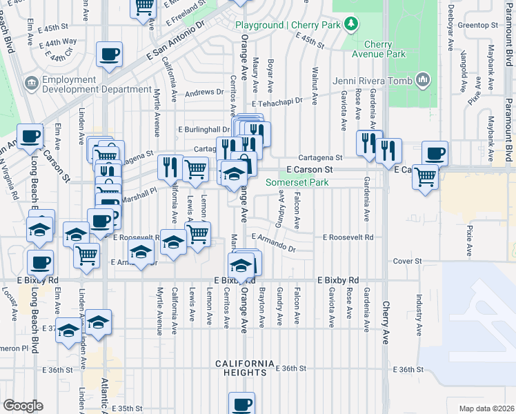 map of restaurants, bars, coffee shops, grocery stores, and more near 3955 North Marshall Way in Long Beach