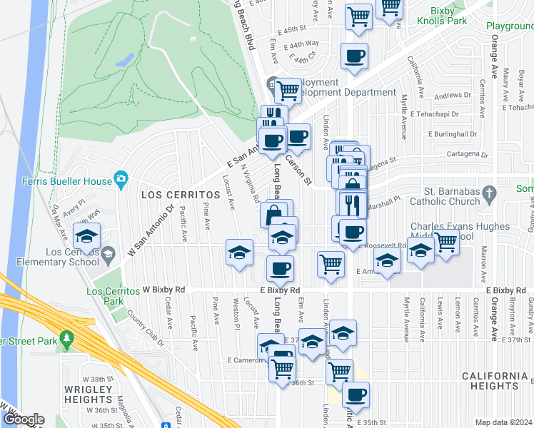 map of restaurants, bars, coffee shops, grocery stores, and more near 4001 Long Beach Boulevard in Long Beach