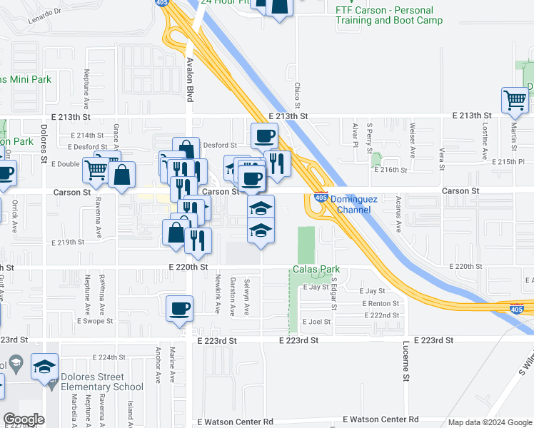 map of restaurants, bars, coffee shops, grocery stores, and more near in Carson