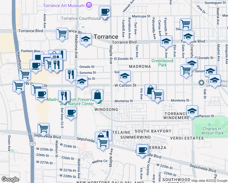 map of restaurants, bars, coffee shops, grocery stores, and more near 2940 West Carson Street in Torrance