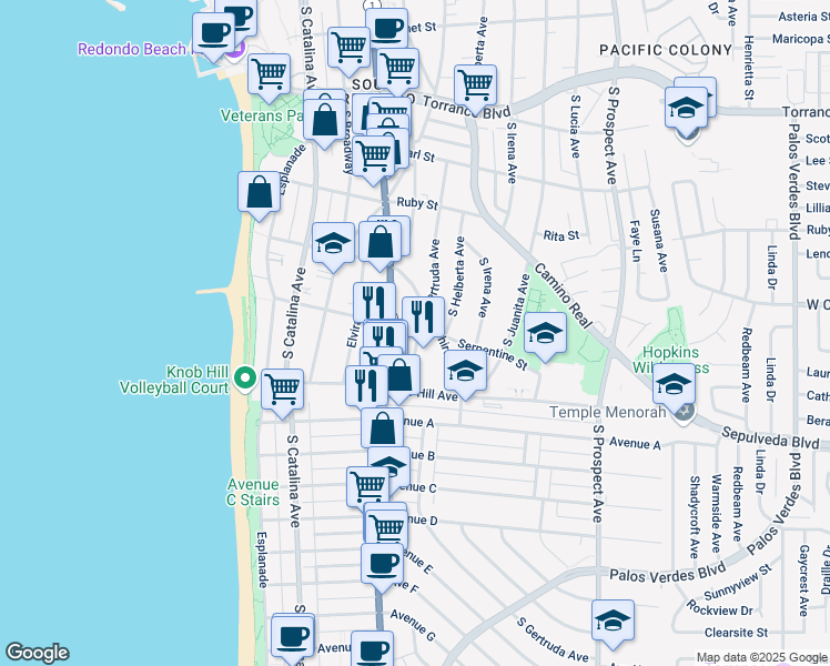 map of restaurants, bars, coffee shops, grocery stores, and more near 624 South Pacific Coast Highway in Redondo Beach