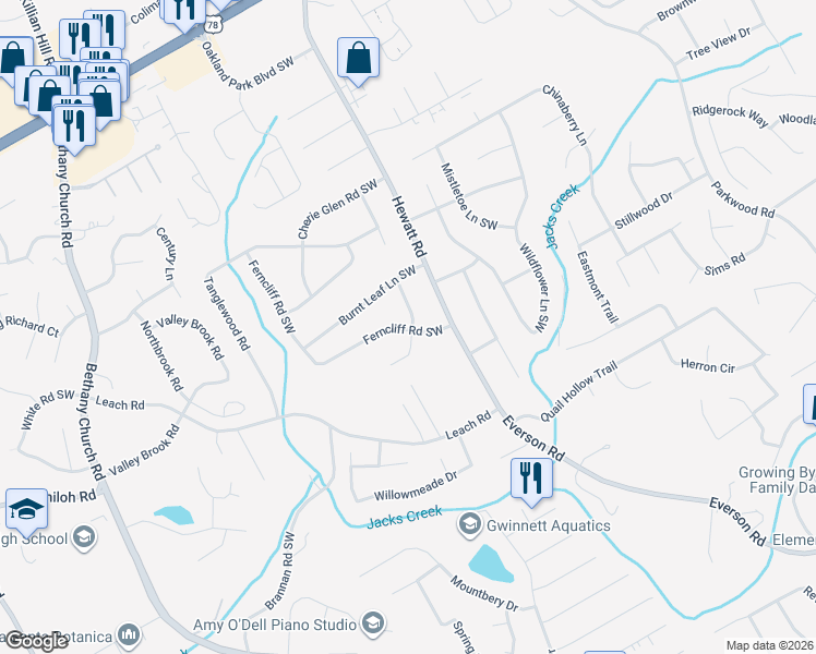 map of restaurants, bars, coffee shops, grocery stores, and more near 2555 Holly Berry Trail Southwest in Snellville