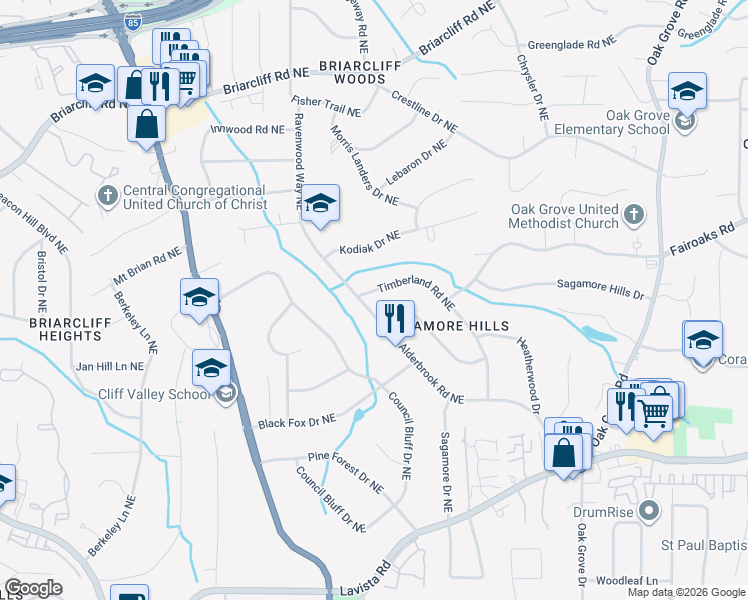 map of restaurants, bars, coffee shops, grocery stores, and more near 1756 Timberland Road Northeast in Atlanta