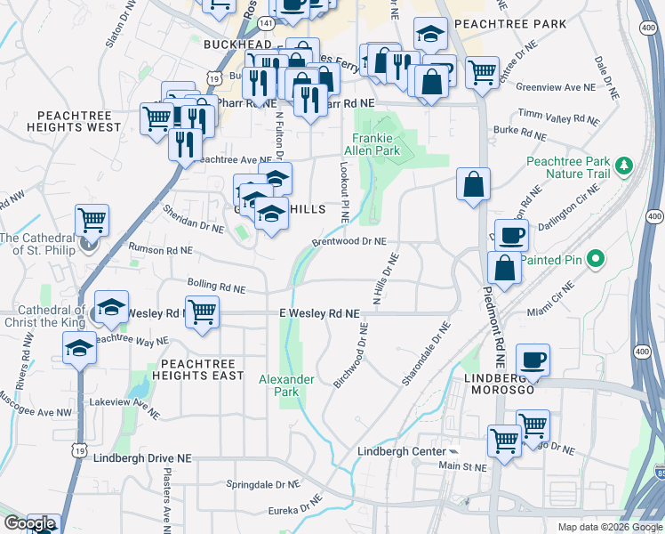 map of restaurants, bars, coffee shops, grocery stores, and more near 387 Brentwood Drive Northeast in Atlanta