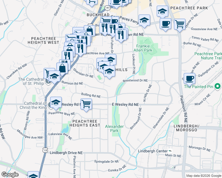 map of restaurants, bars, coffee shops, grocery stores, and more near 272 Rumson Road Northeast in Atlanta