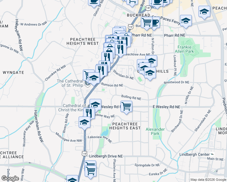 map of restaurants, bars, coffee shops, grocery stores, and more near 50 Rumson Way Northeast in Atlanta