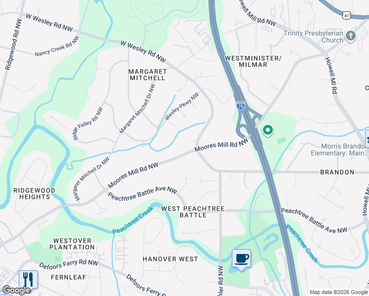 map of restaurants, bars, coffee shops, grocery stores, and more near 1360 Barron Court Northwest in Atlanta