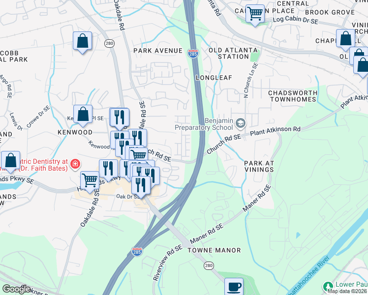 map of restaurants, bars, coffee shops, grocery stores, and more near 5132 Whiteoak Terrace Southeast in Smyrna