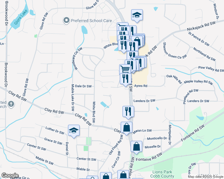 map of restaurants, bars, coffee shops, grocery stores, and more near 765 Patterns Drive in Mableton