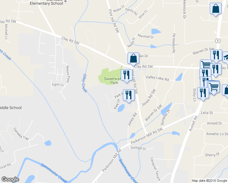 map of restaurants, bars, coffee shops, grocery stores, and more near 6025 Park Wood Court in Austell