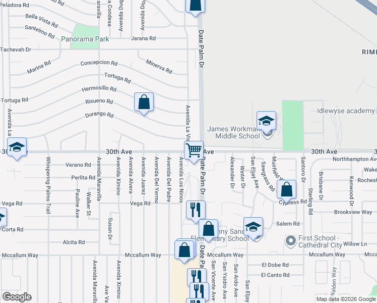 map of restaurants, bars, coffee shops, grocery stores, and more near 30560 Avenida La Vista in Cathedral City
