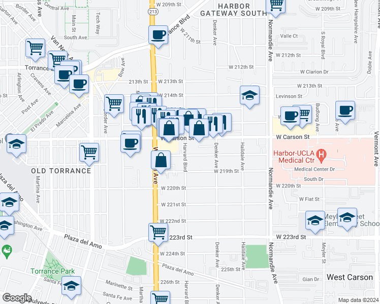 map of restaurants, bars, coffee shops, grocery stores, and more near 1563 West 218th Street in Torrance