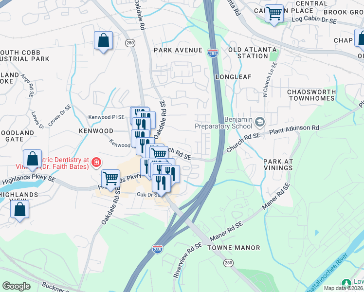 map of restaurants, bars, coffee shops, grocery stores, and more near 5020 Groover Drive in Smyrna