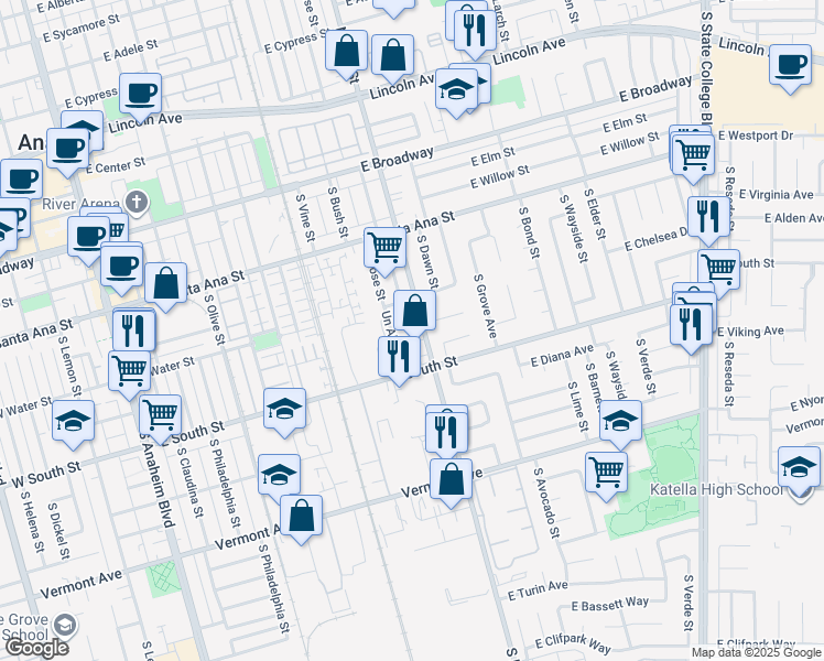 map of restaurants, bars, coffee shops, grocery stores, and more near 631 South East Street in Anaheim