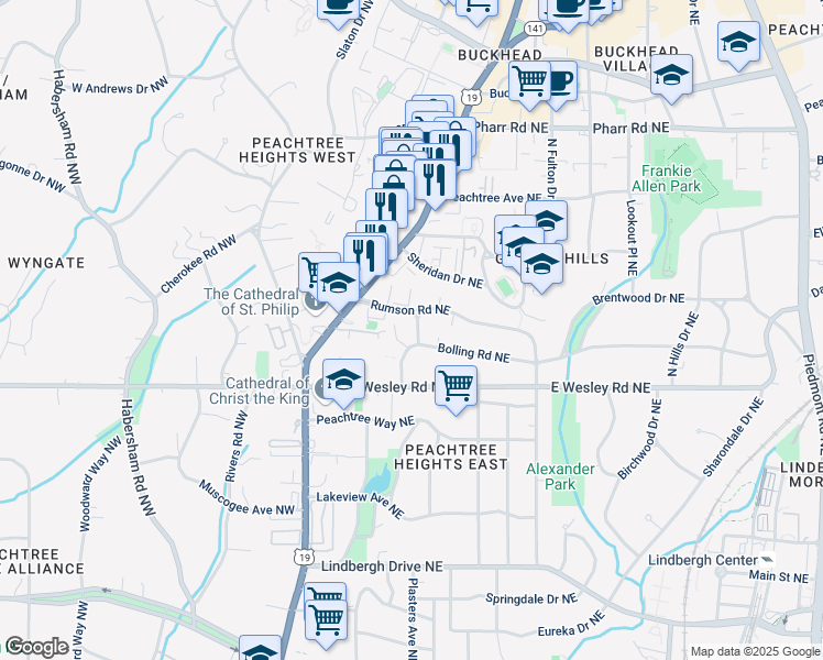 map of restaurants, bars, coffee shops, grocery stores, and more near 50 Rumson Way Northeast in Atlanta