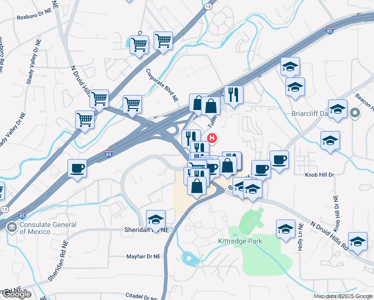 map of restaurants, bars, coffee shops, grocery stores, and more near 1354 Tullie Road Northeast in Atlanta