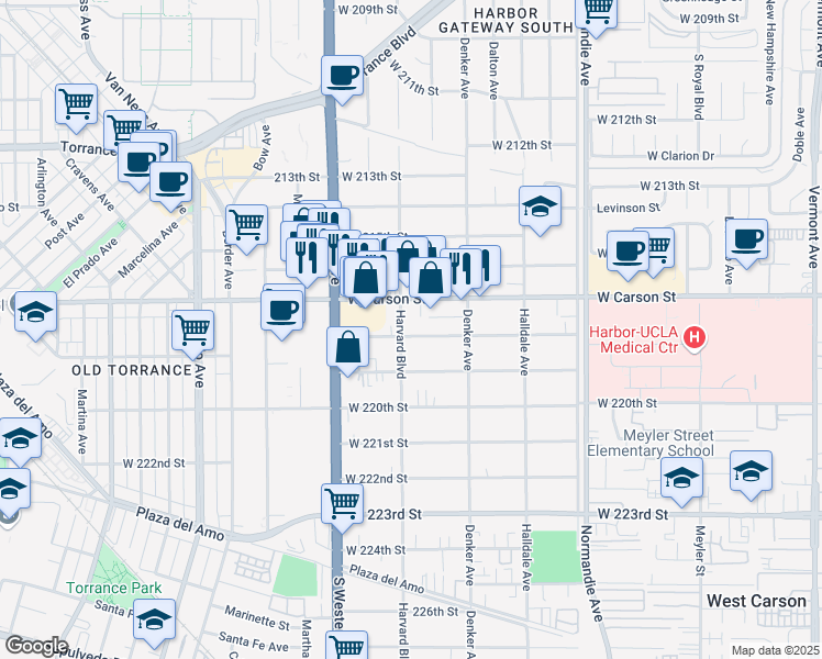 map of restaurants, bars, coffee shops, grocery stores, and more near 1563 West 218th Street in Torrance