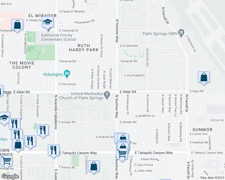 map of restaurants, bars, coffee shops, grocery stores, and more near 1600 East Alejo Road in Palm Springs