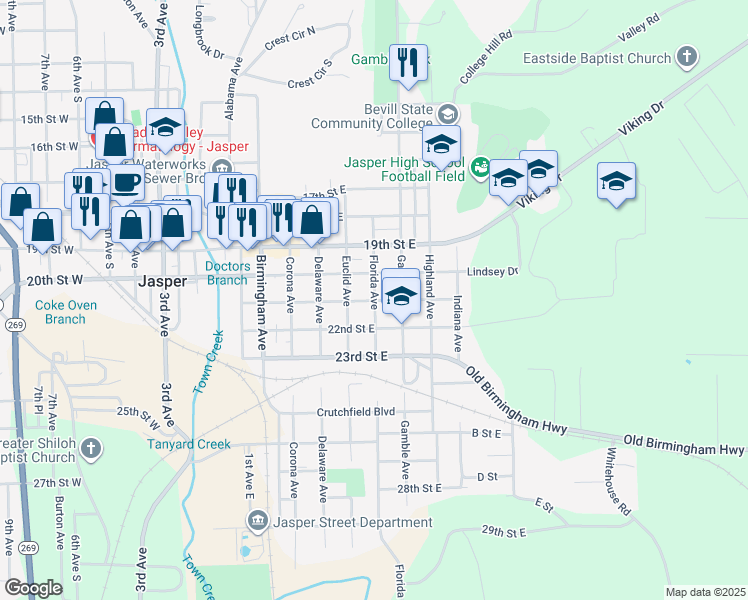 map of restaurants, bars, coffee shops, grocery stores, and more near 2098 Florida Avenue in Jasper